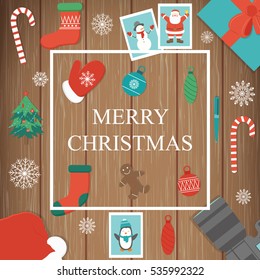 Christmas greeting card with snowlakes and decoration elements. Holidays background. Vector illustration