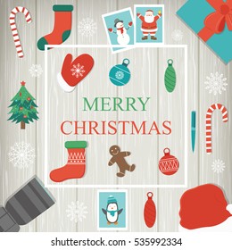 Christmas greeting card with snowlakes and decoration elements. Holidays background. Vector illustration