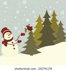 Christmas greeting card with snowman and bird and place for text
