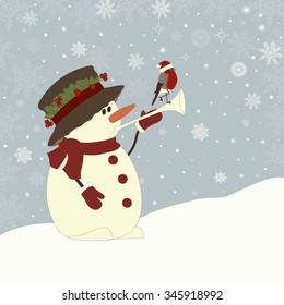 Christmas greeting card with snowman and bird and place for text