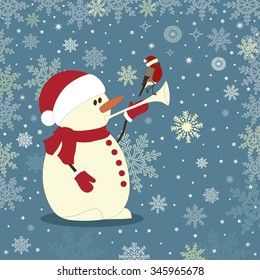 Christmas greeting card with snowman and bird 