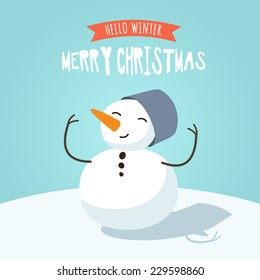 Christmas greeting card and Snowman character. Merry Christmas and holidays wish Vector background. 