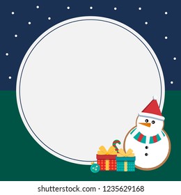 Christmas greeting card snowman with gifts and place for your text. Green background and blue with white snowflakes.