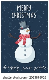 Christmas greeting card. A snowman in a hat and scarf with twig arms on dark background. Hand lettering - Merry Christmas and happy New Year. Cute flat cartoon character. Color vector illustration.