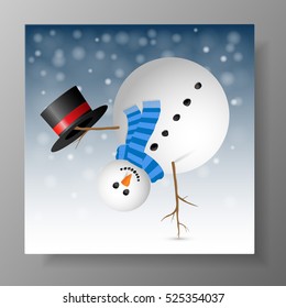 Christmas Greeting Card with snowman head over heels. Vector illustration.