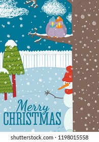 Christmas greeting card. Snowman hidden in the garden. 
