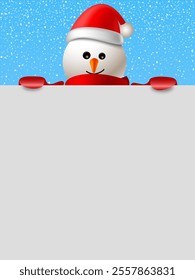 Christmas greeting card. Snowman holding blank banner. Vector illustration.