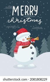 Christmas greeting card. The snowman holds a pipe in his hands and blows. Night winter forest, snowy landscape. Lettering hand - Merry Christmas. Cute flat cartoon character.Color vector illustration.