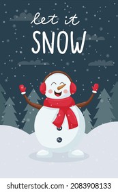 Christmas greeting card. A snowman juggles snowballs in a winter forest at night. Snow-covered landscape. Hand lettering - Let it snow. Cute flat cartoon character. Color vector illustration.