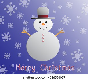 Christmas Greeting Card with snowman on Purple backgrund.