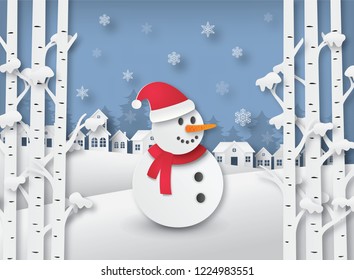 Christmas greeting card with snowman in paper cut style vector illustration