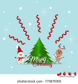 Christmas Greeting Card with Snowman and reindeer. Vector illustration.