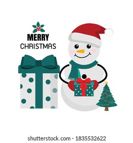 Christmas greeting card. Snowman with  Scarf and Santa’s Cap.