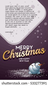 Christmas greeting card with snowman, snowfalls and text frame