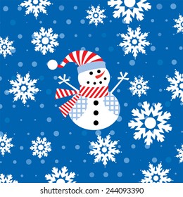 Christmas Greeting Card with snowman and snowflakes on blue background