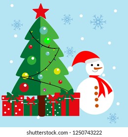 christmas greeting card with snowman, christmas tree , and goft box vector illustration