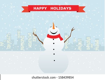 Christmas Greeting Card with snowman. Vector illustration.