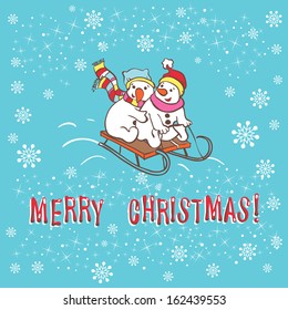 Christmas greeting card. Snowman. Vector illustration. Template for christmas winter design.