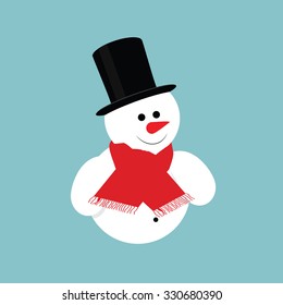 Christmas greeting card with snowman. Vector illustration snowman in black cylinder hat and scarf on blue background. Snowman icon