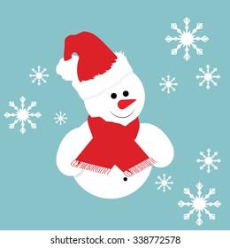 Christmas greeting card with snowman. Vector illustration snowman in red santa hat and scarf. Blue background with snowflakes