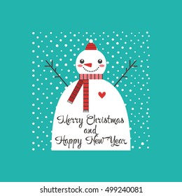 Christmas greeting card with snowman. Vector illustration.