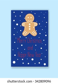 Christmas greeting card with snowy background and happy wishes. Yummy appetizing cookies for Santa Claus in flat style.