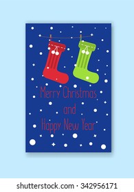 Christmas greeting card with snowy background and happy wishes. Traditional Christmas red and green knitted stocking on clothespins for holiday gifts in flat style.