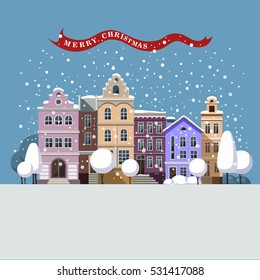 Christmas greeting card - snowy street. Vector illustration.Winter town in snowfall.