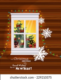 Christmas Greeting Card With Snowy Window In Retro Style. Happy New Year