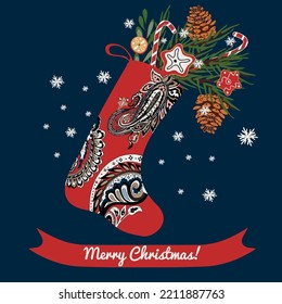 Christmas greeting card with sock full of gifts in flat style. vector design for paper, fabric and other surface