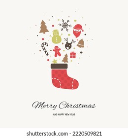 Christmas greeting card with a sock full of gifts. Xmas ornament. Vector