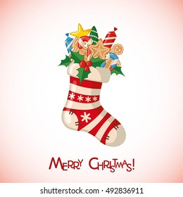 Christmas greeting card with sock full of gifts in flat style. Vector illustration.