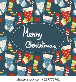 Christmas greeting  card with socks. Vector illustration with seamless pattern