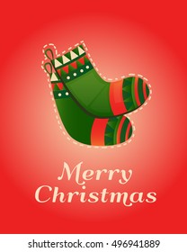 Christmas greeting card with socks. Vector illustration xmas celebration. Festive template for banner, invitation, cards, flyers, cover, poster, packaging, postcard.