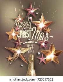 Christmas greeting card with sparkling stars and bottle of champagne arranged in shape of christmas tree. Vector illustration