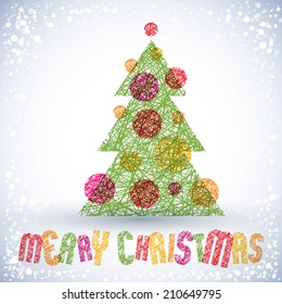 Christmas greeting card with special font and hand drawn lines textures, vector, Merry Christmas lettering.