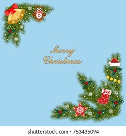 Christmas greeting card with spruce, cookies and decorations. Vector illustration.