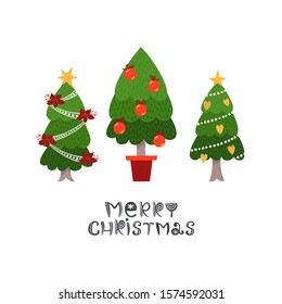 Christmas greeting card with spruces and lettering. Poster, banner, card and design elements