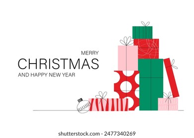 Christmas greeting card with a stack of gifts in the shape of a Christmas tree on a white background, flat style