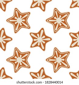 Christmas greeting card with star shaped Christmas cookies seamless background pattern. Part of set. 