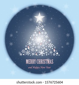Christmas greeting card with star and snowflakes. Christmas tree from snowflakes. Design for Christmas and New Year. Vector illustration.

