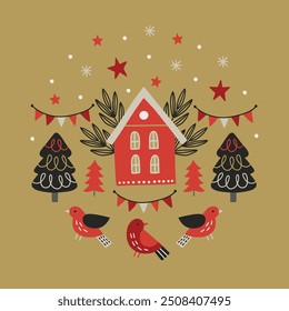 Christmas greeting card with stars, garlands, house, fir trees, birds on gold background. Circle ornament. Perfect for seasonal holidays and decorations. Vector illustration