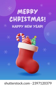 Christmas greeting card. Christmas stocking 3d cartoon illustration and snowflakes. Modern blue background. Festive winter banner. Happy New Year. 3d style.