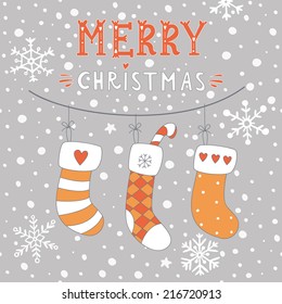 Christmas greeting card with stockings. EPS 10. No transparency. No gradients.