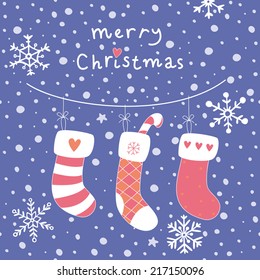 Christmas greeting card with stockings. EPS 10. No transparency. No gradients.