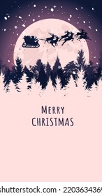 Christmas greeting card, stories template. Snowy forest, snowfall, flying reindeer and Santa sleigh with Christmas gifts. Christmas scene