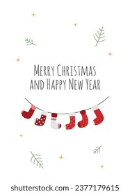 Christmas greeting card with a strip full of winter socks, white background and the text Merry Christmas and Happy New Year