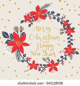 Christmas Greeting Card with stylish poinsettia flower wreath. Merry Christmas and Happy New Year lettering. Template for New 2016 Year Cards, Scrapbooking, Stickers, Planner, Invitations, Menu.
