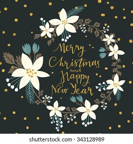 Christmas Greeting Card with stylish poinsettia flower wreath. Merry Christmas and Happy New Year lettering. Template for New 2016 Year Cards, Scrapbooking, Stickers, Planner, Invitations, Menu.