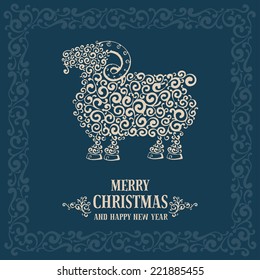 Christmas greeting card with stylized sheep, symbol of year 2015